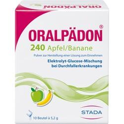 Verpackung von Oralpädon mit Apfel-Banane-Geschmack zur Behandlung von Durchfall.